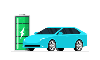 Electric car charger station concept. Smart electrical blue vehicle charging with green battery. Electrified modern ev transport power charge. Eco transportation energy recharge. Vector illustration