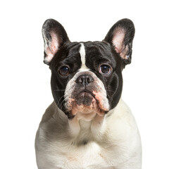 Head shot of a Black and white French Bulldog, isolated on white