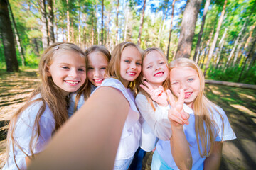 A group of five girls make selfie on the background of trees in the summer forest. Bright sunny day. Girlfriends