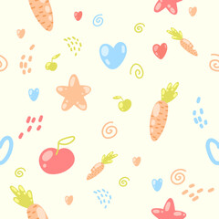 Cute vector seamless pattern with carrots hearts stars and berries.