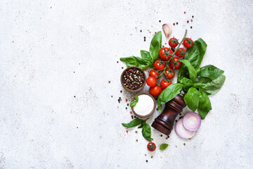 Food, kitchen ingredients for cooking.Spices with vegetables on concrete background. Copy space for text