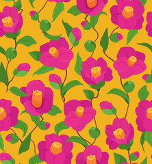 Pink Camellia flowers with leaves seamless vector pattern on yellow background. Floral illustration for branding, package, fabric and textile, wrapping paper