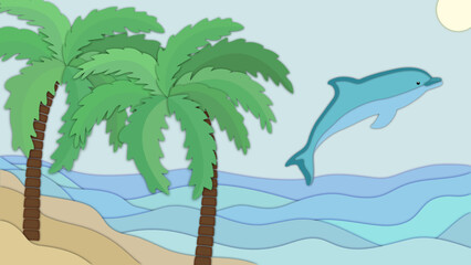 Two palm trees on the ocean coast. A dolphin jumps out of the water. Fun graphic wallpaper in the style of paper cutting. Vector.