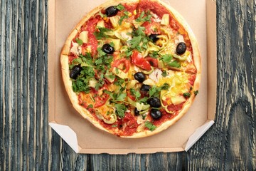 Pizza, traditional and authentic Italian pizza baked in wood fired oven. International pizza day