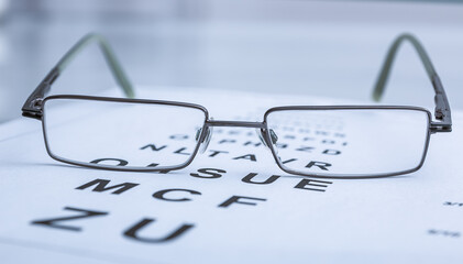 Clear Black modern glasses on a eye sight test chart.