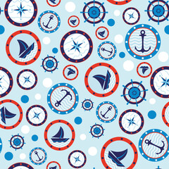 Seamless pattern of blue, red and white maritime icons 