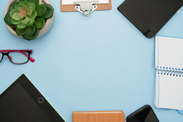 Office desk set up aerial view