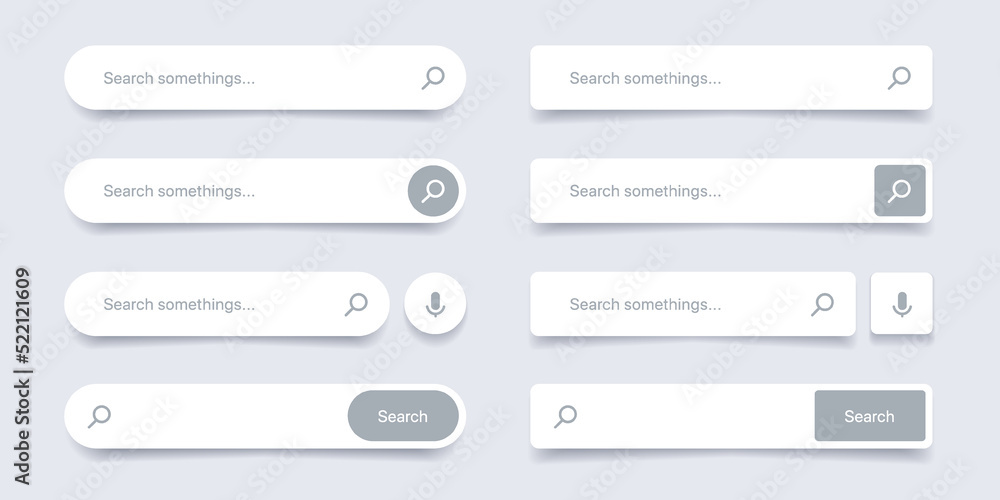 Poster Set of web search bars. Search bar, search boxes collection. Computer searched navigator. Set of elements for design interface of website, mobile app, UI UX.