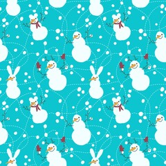 Winter seamless snowman and snowflakes pattern for Christmas wrapping paper and kids notebooks