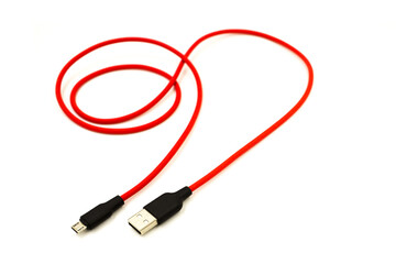 Red USB cable for smartphone isolated on white background.