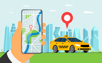 Taxi mobile ordering service app concept. Online order yellow cab. Hand holding smartphone with geotag gps location pin arrival address on city map. Web application get taxicab. Vector eps banner