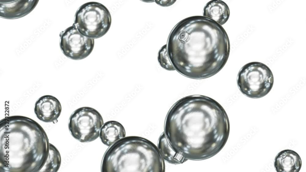 Poster realistic looping 3d animation of the falling textured silver metallic glass christmas balls rendere