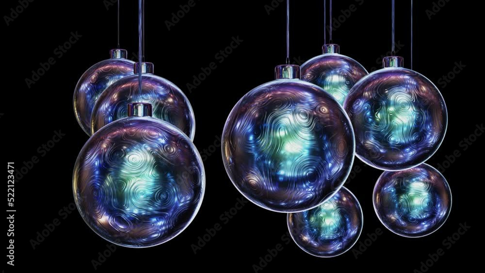 Poster realistic looping 3d animation of the hanging spinning fancy pattern texture blue glossy iridescent 