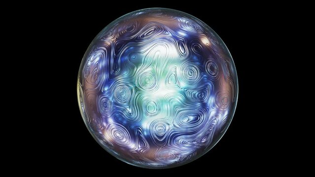 Realistic looping 3D animation of the spinning fancy textured iridescent alien alloy sphere rendered in UHD with alpha matte