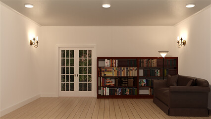 テレビ会議背景用 ZOOM会議背景用 CG 白い壁の部屋 白い部屋 夕方 日没 ソファ 書斎 書棚 本棚 蔵書 video conferencing for using in video conference and as a zoom background. © kx59