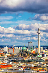 Aerial view of Berlin skyline, Germany. TV tower (Fernsehturm) at Alexanderplatz and Berliner Dom....