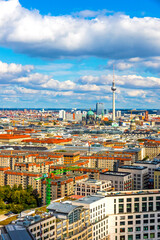 Skyline aerial view of Berlin city, Germany. TV tower (Fernsehturm) at Alexanderplatz and Berliner...