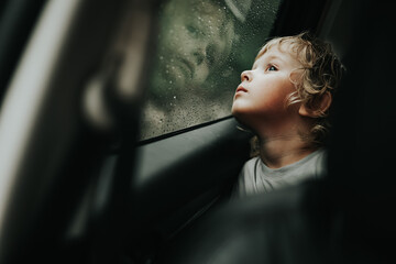 Thoughtful little blond baby boy seated in car backseat looking through rain covered window in rainy day.