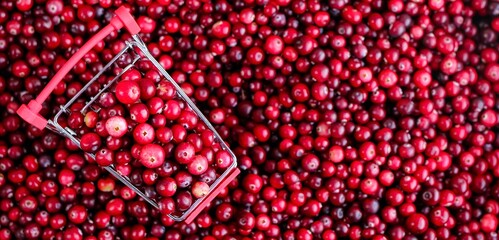 Shopping Trolley with ripe fresh cranberries as natural, food, berries, buying vitamins banner....