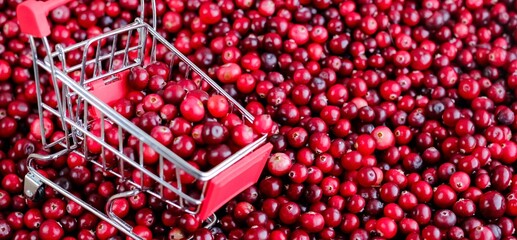 Shopping Trolley with ripe fresh cranberries as natural, food, berries, buying vitamins banner. Selective focus.	
