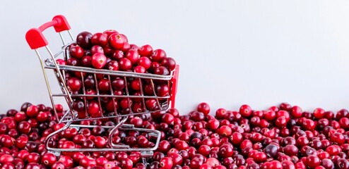 Shopping Trolley with ripe fresh cranberries as natural, food, berries, buying vitamins banner. Selective focus.	