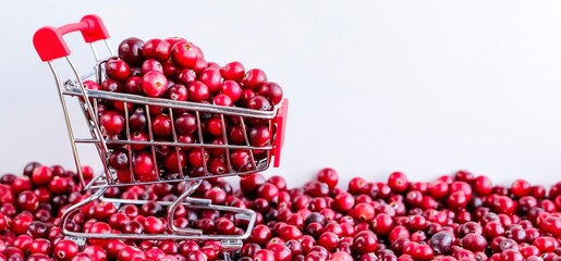 Shopping Trolley with ripe fresh cranberries as natural, food, berries, buying vitamins banner. Selective focus.	