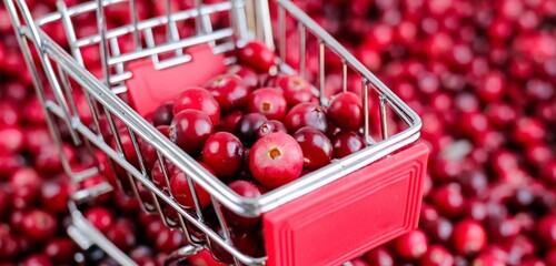Shopping Trolley with ripe fresh cranberries as natural, food, berries, buying vitamins banner....