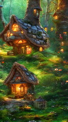 Fototapeta premium Fantasy little tree cottages in magic forest