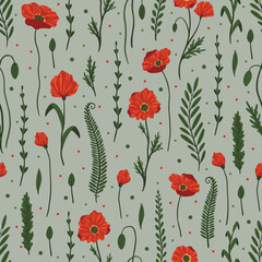 Seamless pattern with red poppy flowers and buds on white.