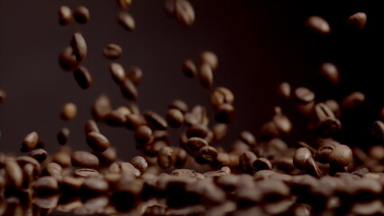 Organic coffee beans falling closeup. Beautiful roasted coffee grains background