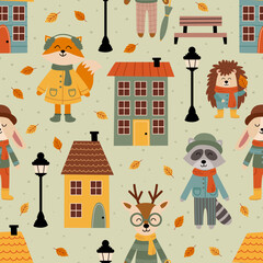 seamless pattern with cute animals in the autumn city - 522125252