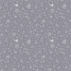 Cute doodle party background. Happy Birthday print. Hand drawn Birthday seamless pattern