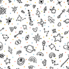 Cute seamless pattern with hand drawn boho elements. Ethnic style. Tribal background. Magic