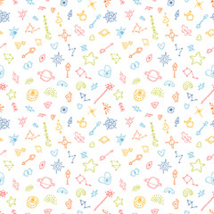 Cute seamless pattern with hand drawn boho elements. Magic. Ethnic style. Tribal background