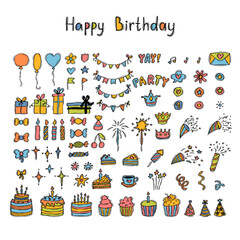 Hand drawn Birthday elements. Holiday collection. Party time clipart. Doodle decoration. Set of party elements