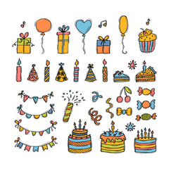Hand drawn Birthday elements. Holiday collection. Set of party elements. Doodle decoration