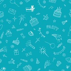 Funny Birthday seamless pattern. Cute doodle background. Happy Birthday. Hand drawn party theme