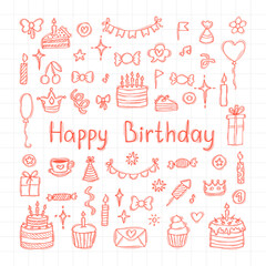 Hand drawn Birthday elements. Holiday collection. Set of party elements. Doodle, sketch