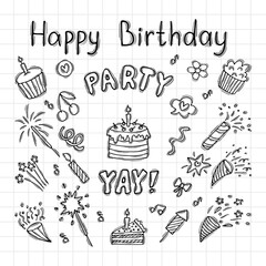 Hand drawn Birthday elements. Set of party design elements. Doodle decoration. Party postcard