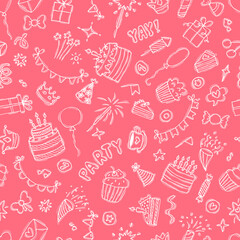 Hand drawn Birthday seamless pattern. Cute background. Party theme. Happy Birthday