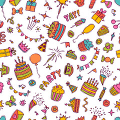 Hand drawn party seamless pattern. Birthday theme. Cute doodle background. Sketch