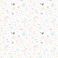 Happy Birthday print. Hand drawn Birthday seamless pattern. Cute doodle party background