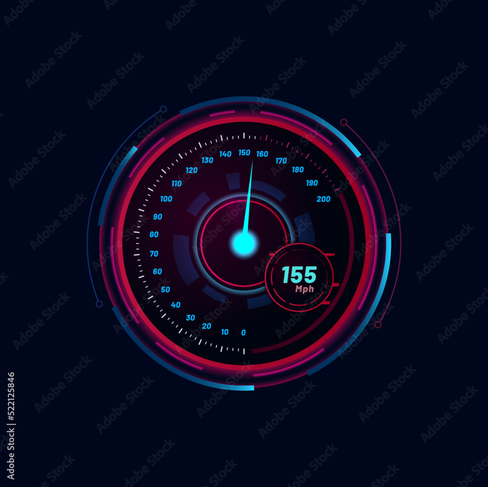Poster Futuristic car speedometer gauge dial. Automobile speedometer neon, vehicle dashboard digital interface or car speed meter vector counter. Odometer led indicator with glowing neon gauge and arrow