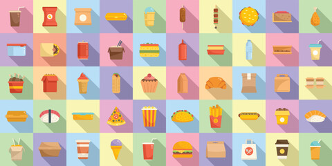 Obraz na płótnie Canvas Takeaway food icons set flat vector. Coffee box