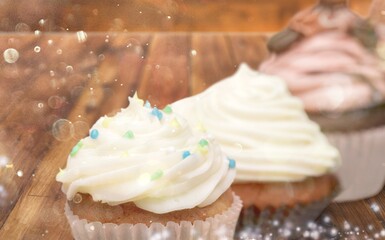 Tasty sweet chip muffins on light background.
