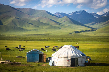yurt camp in suussamyr valley in kyrgyzstan, mountain landscape, central asia, green valley, pasture - obrazy, fototapety, plakaty