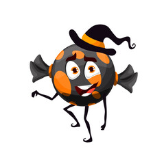 Cartoon black Halloween candy, vector cute toffee character in wrap with orange dots and witch hat. Sweet dessert, caramel snack for kids trick or treat party. Isolated holiday confectionery personage
