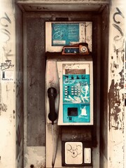 Fototapeta na wymiar old abandoned building, telephone in the street 