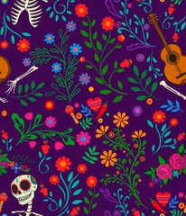 Dia de los muertos seamless pattern. The main symbols of the holiday on the dark violet background. Day of the dead.