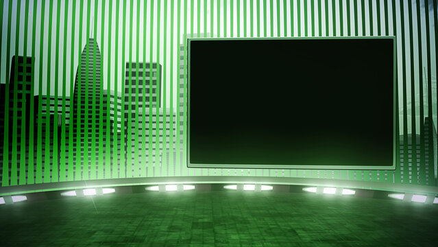Industrial virtual TV backdrop with an empty screen. 3D rendering studio background, with a dark green aesthetic. Ideal for tv shows or tech events. Graphics template suitable on VR stage sets